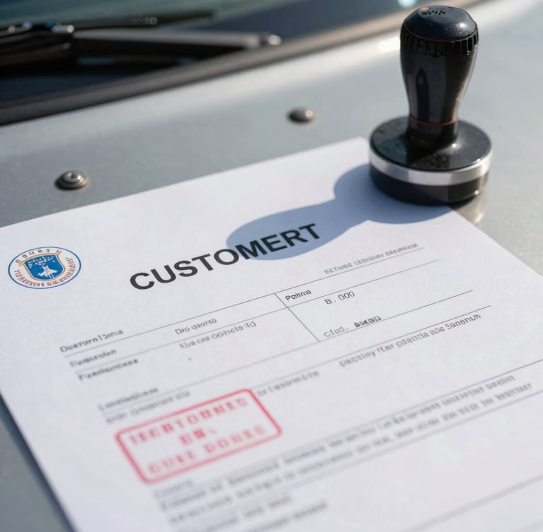 Extreme close-up of a physical customs clearance document with official ink stamps resting on a metal truck hood, harsh natural daylight.
