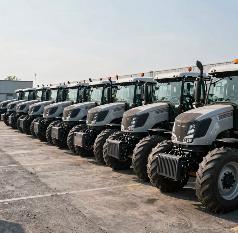 Wide-angle outdoor shot of a heavy industrial truck yard under harsh daylight, rows of clean commercial tractor heads parked precisely on asphalt, metal textures visible.