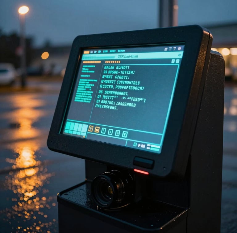 Tight angular shot of a rugged digital QSR drive-thru terminal screen glowing with cyan code at twilight, rainy pavement reflecting amber neon light, 35mm lens