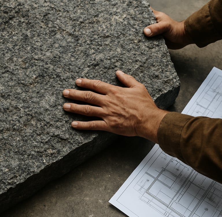 Close-up of a raw, textured granite slab being inspected by a craftsman, architectural blueprints resting on a concrete surface nearby, high-contrast natural daylight