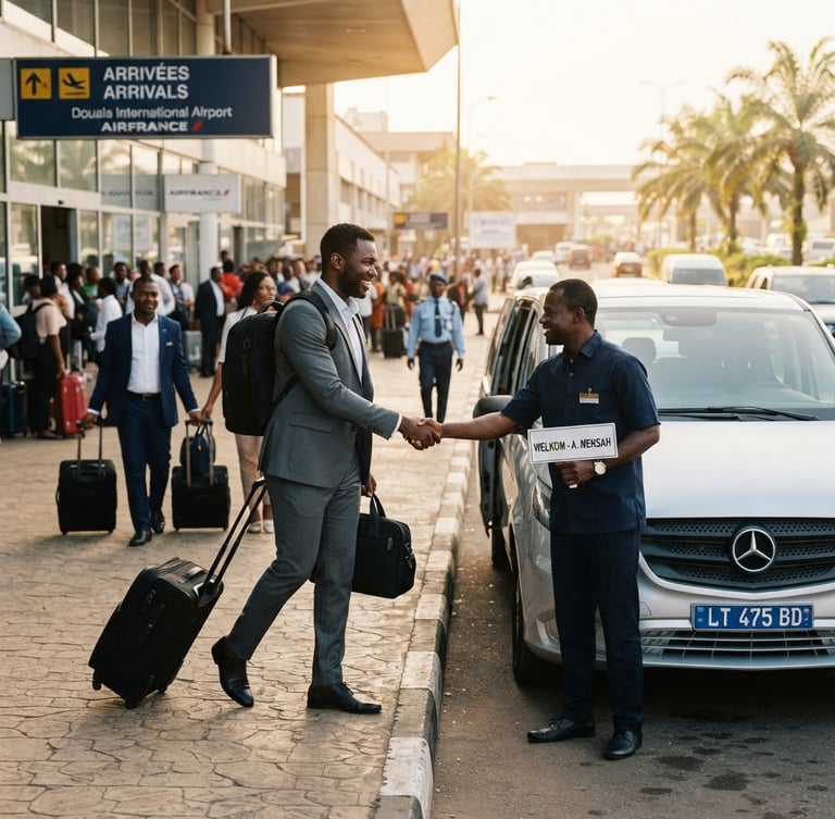 Professional business travelers arriving at Douala airport, greeted by a driver with a clean modern vehicle, warm morning light, editorial travel photography style