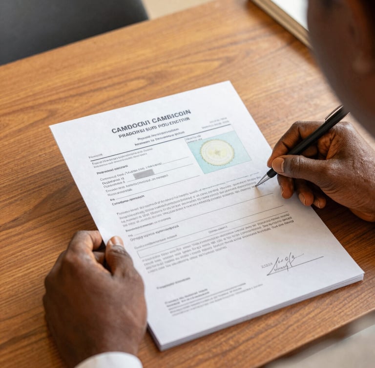 Close-up of a professional travel agent reviewing official Cameroonian state licensing documents on a wooden desk, warm gold lighting, shallow depth of field
