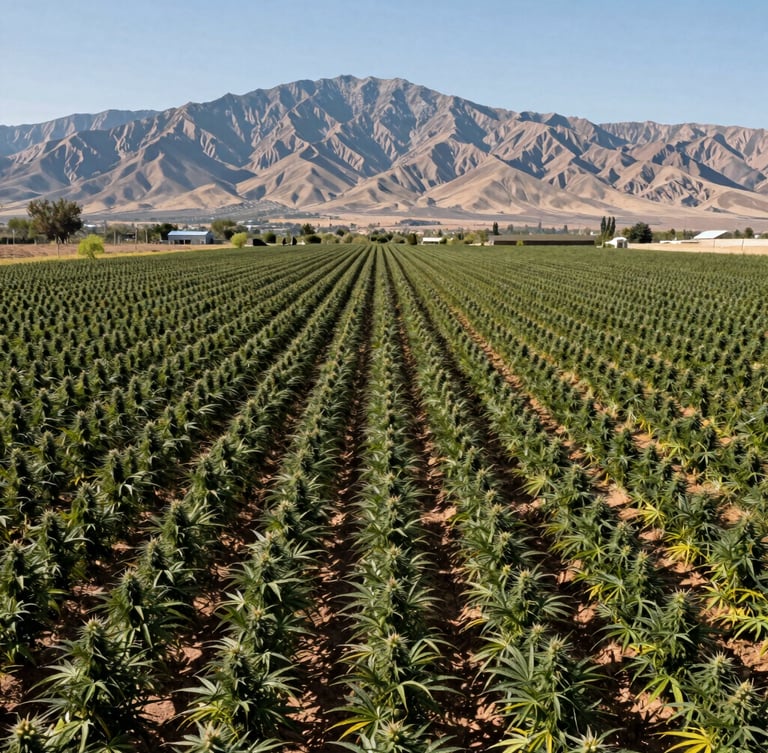 Wide panoramic view of high-scale cannabis cultivation fields in Mendoza under natural Andean sunlight, geometric rows of plants extending towards the mountains, clinical precision.