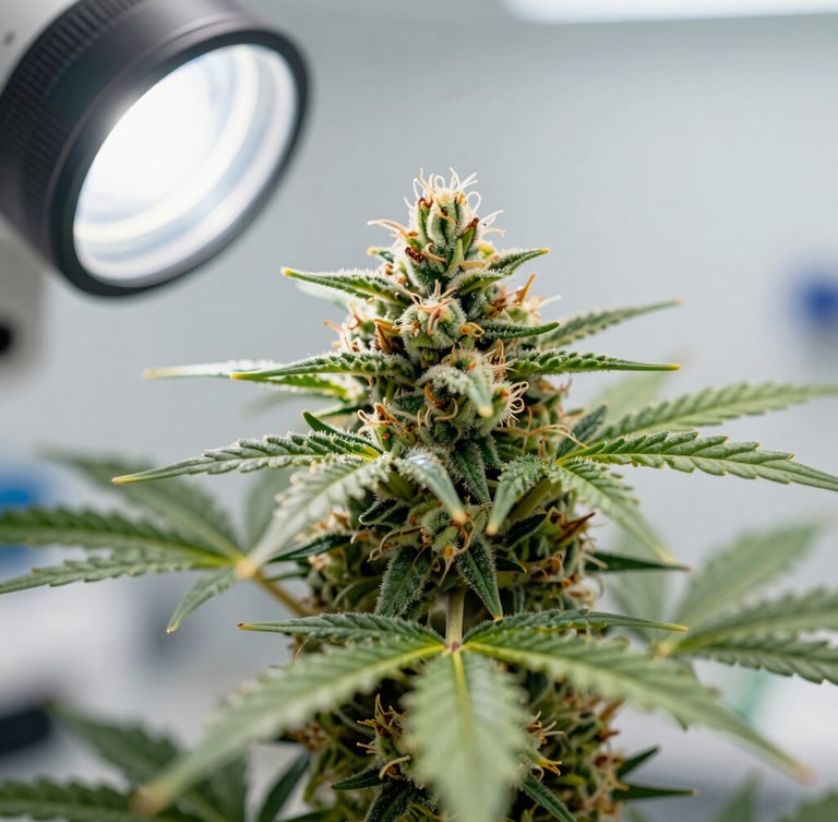 Extreme close-up of a certified cannabis sativa plant showing rich trichomes under clinical white laboratory light, macro lens, sterile scientific setting, shallow depth of field.