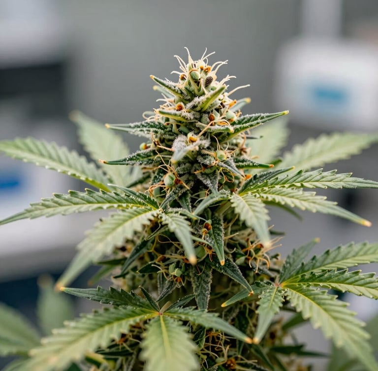 Macro shot of a certified cannabis plant showing trichomes with scientific precision, high-contrast natural Andean sunlight, laboratory depth of field, sterile and sharp.