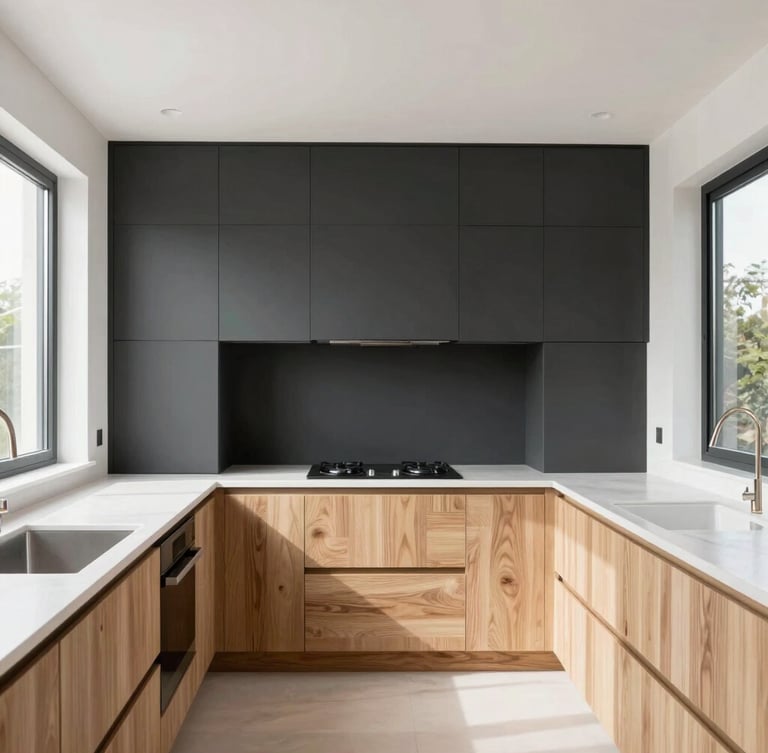 Straight-on architectural photo of a modern kitchen with custom charcoal joinery, bright natural daylight flooding through windows, highlighting clean oak details and matte finishes, 35mm