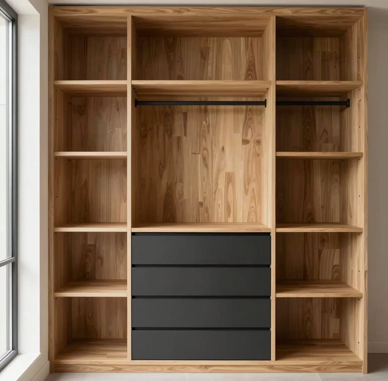 Straight-on architectural shot of a minimalist walk-in wardrobe, warm oak shelving, seamless charcoal drawers, bright natural daylight, 35mm