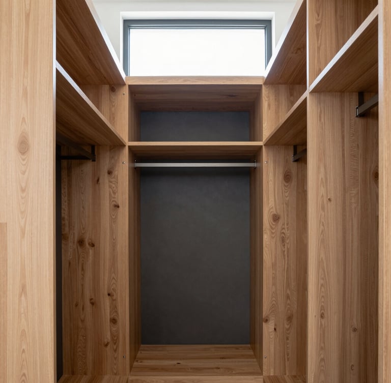 Straight-on architectural shot of a custom walk-in robe flush-fitted to the ceiling, warm oak and charcoal panels, bright natural window daylight, sharp detail, 35mm