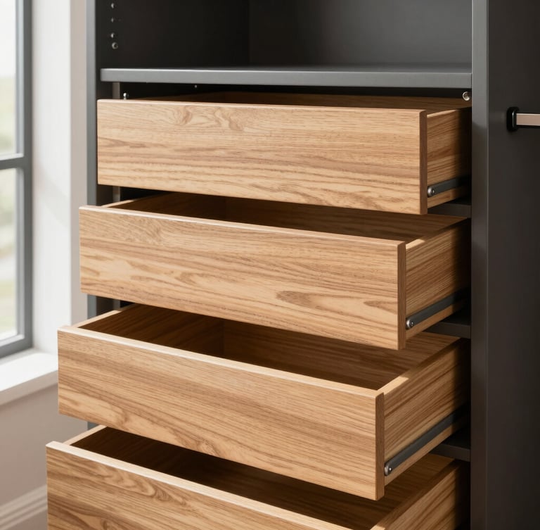 Straight-on detailed close-up of custom oak drawer organizers and soft-close runners inside a modern charcoal wardrobe, bright natural daylight