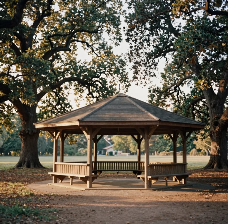 Wide angle nostalgic photograph of an old wooden picnic pavilion surrounded by ancient oak trees, soft golden hour sunlight filtering through leaves, 35mm film aesthetic.