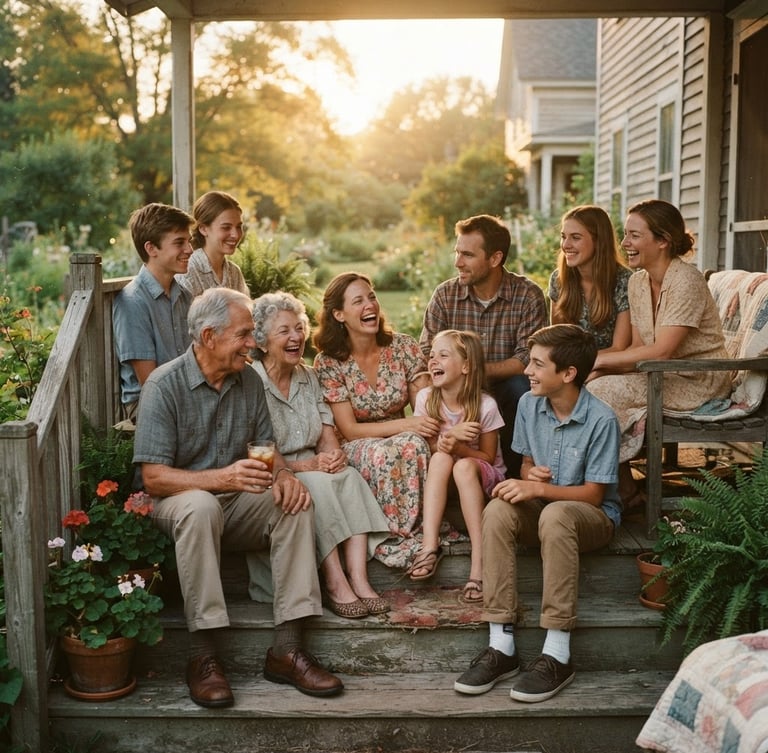 A warm nostalgic photo of family members sitting together on a porch at golden hour, talking and smiling, faded vintage film tones