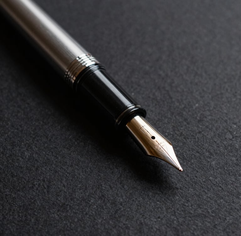 Macro close-up of a premium fountain pen resting on heavy textured black paper, sharp directional side-lighting casting deep dramatic shadows, minimal composition