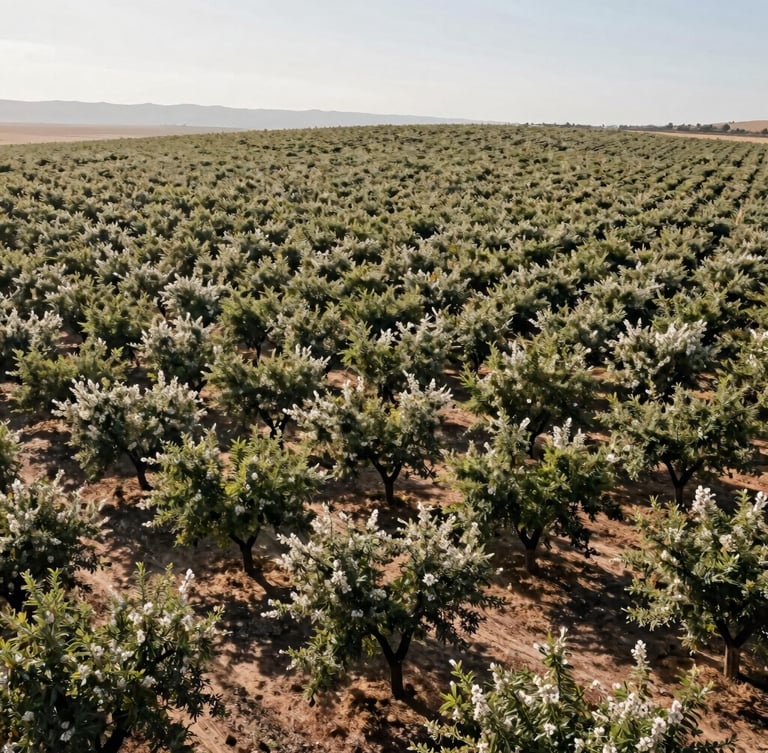 Crisp morning daylight over a vast California almond orchard, structured rows of trees stretching to the horizon, high-contrast shadows, clean agricultural landscape with negative space on the left.