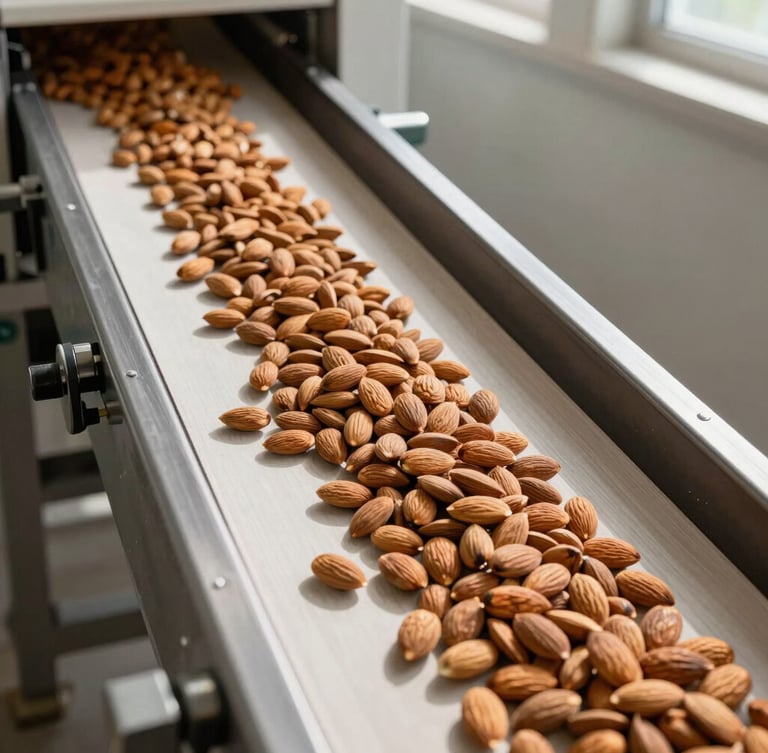 A high-angle portrait crop of an industrial agricultural sorting facility, graded raw almonds flowing along a clean steel conveyor belt under bright morning light.