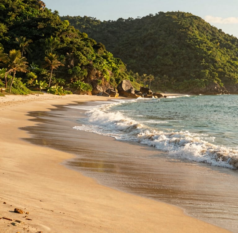 Pristine sandy beach of Prainha in São Francisco do Sul during a warm golden hour, gentle Atlantic waves rolling onto the shore, lush green coastal hills framing the scene, editorial travel photography.