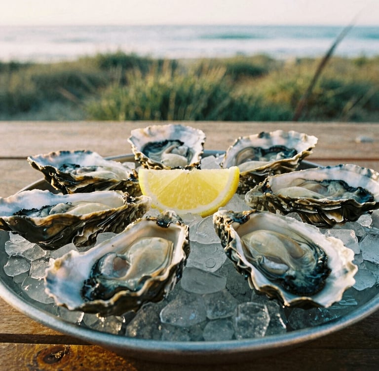 Close-up of fresh oysters served on a bed of crushed ice with lemon slices, rustic wooden table background, warm golden hour light, 35mm photography