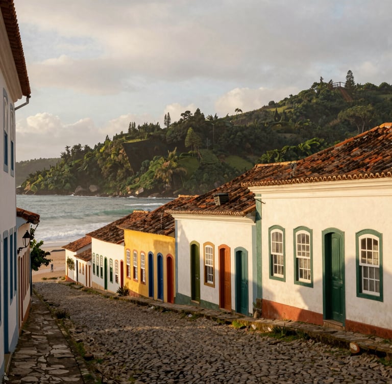 Wide shot of historic colonial buildings with colorful facades in São Francisco do Sul, cobblestone street, soft overcast coastal light, editorial travel style.