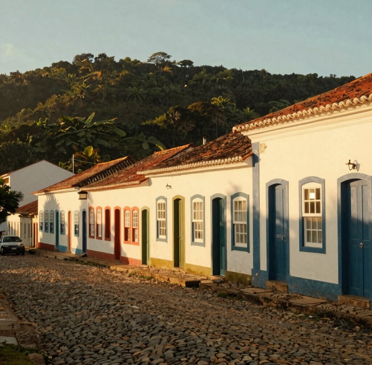 Wide environmental portrait of colorful colonial houses in São Francisco do Sul, warm golden hour light reflecting off cobblestone streets, editorial travel style, 35mm.