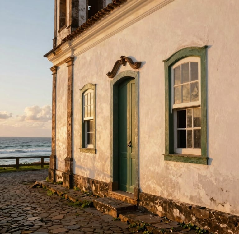 Close-up of historic colonial architecture details in São Francisco do Sul, warm golden hour sunlight reflecting off pastel-colored stucco walls and cobblestones, editorial travel photography, 35mm.