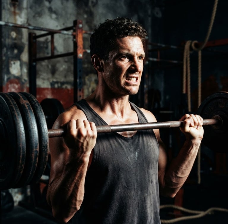 Low-angle heroic close-up of a determined athlete in a dark industrial gym, dramatic key light, deep shadows, intense saturated tones, raw cinematic grain, 35mm