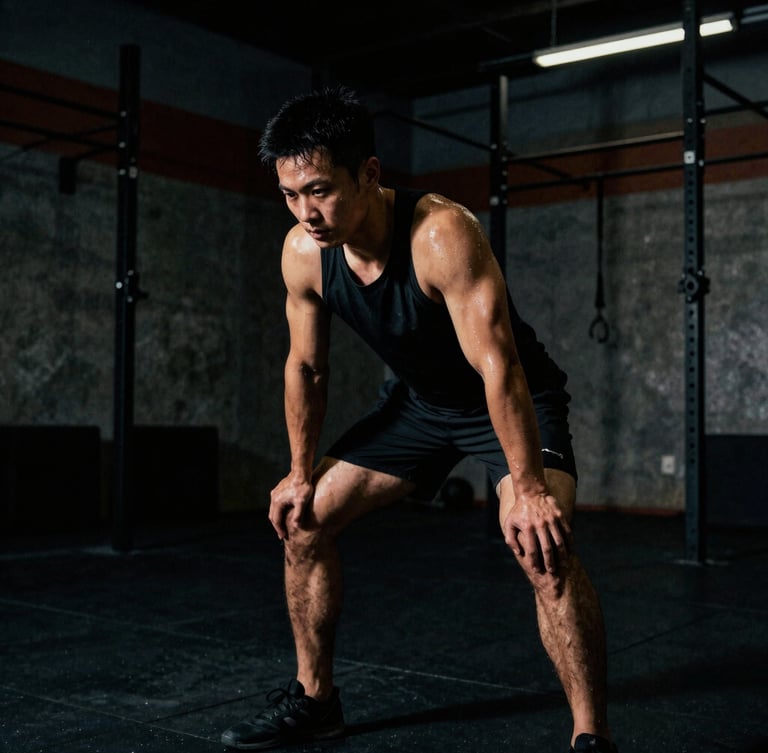 Sweat-glistening athlete mid-motion during a high-intensity training session, dark industrial gym setting, dramatic key light, deep shadows, intense saturated tones, raw cinematic grain, 35mm