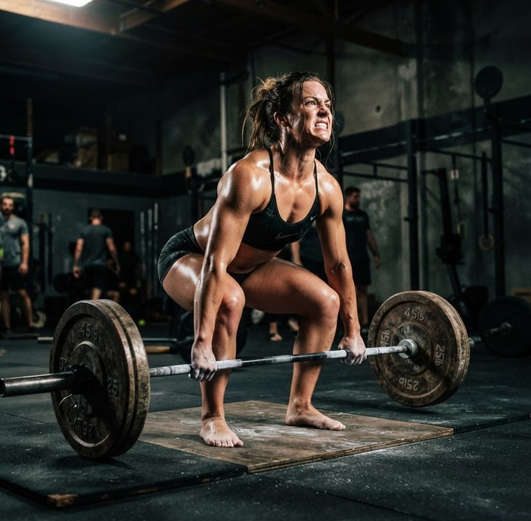 Low-angle heroic shot of an elite athlete in a dark industrial gym, dramatic key light, sweat-glistening skin, intense focus, 35mm cinematic grain.