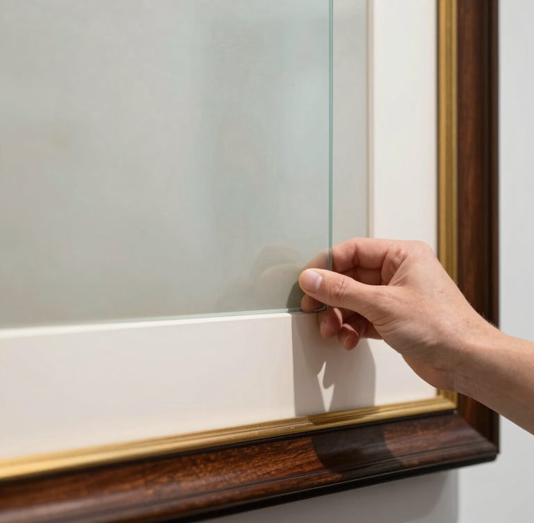 Close-up of a hand carefully placing a sheet of museum-grade glass over a framed artwork, bright diffused gallery lighting, focus on clarity and precision.