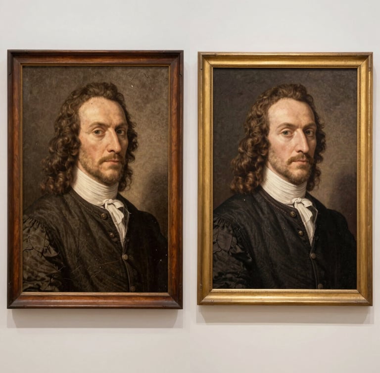 Bespoke split-screen comparison of a historical portrait, left side showing cracked sepia texture with water stains, right side showing pristine restored clarity, bright gallery lighting, 50mm.