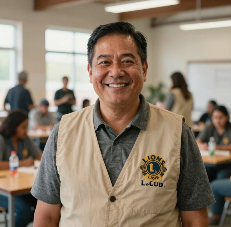 Candid medium portrait of a friendly District Governor wearing a Lions club vest, smiling warmly in a community hall with soft natural light, documentary style