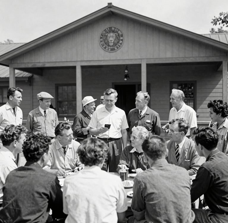 Historic black and white photo of early Lions club members gathered outside a community hall, restored with high contrast and clean details, realistic documentary style.