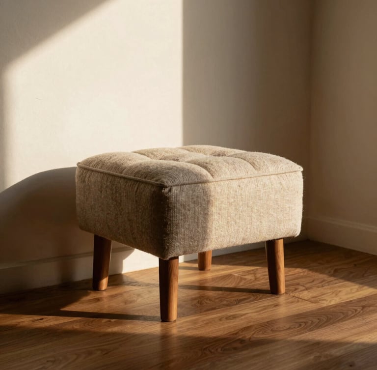 Low-angle warm afternoon sunlight casting long shadows on a tufted fabric accent stool in a minimalist plaster-walled corner, rich wood tones, 35mm photography