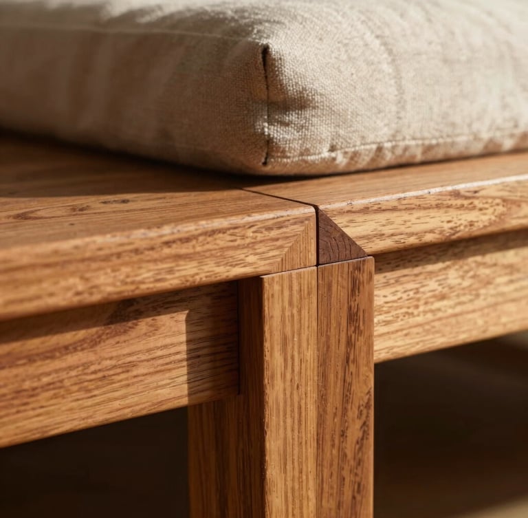Close-up of rich walnut wood joinery under warm afternoon sunlight, detailed mortise and tenon joint, shallow depth of field, 35mm