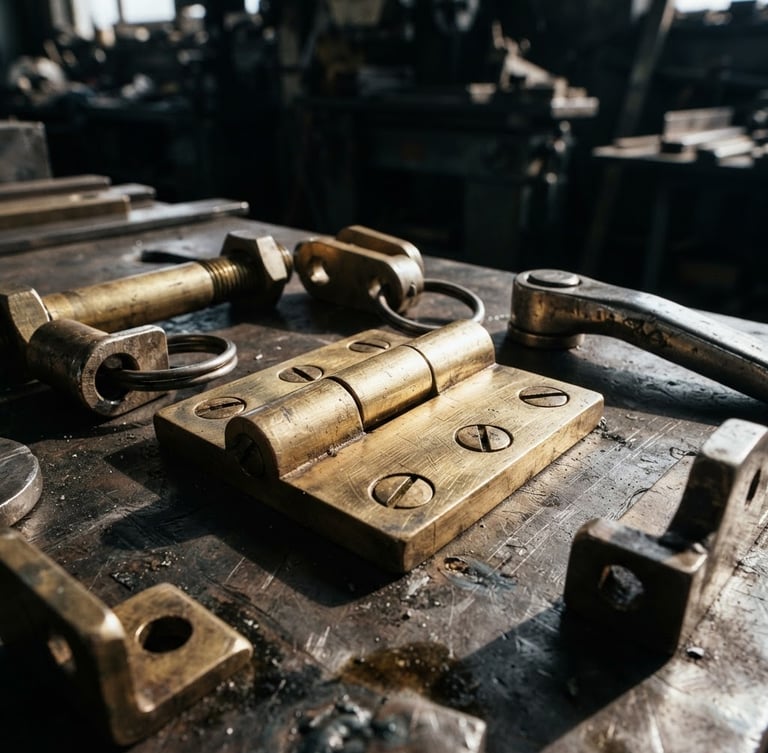 Macro shot of heavy-gauge solid brass hardware on a dark steel workbench, hard direct natural light, high-contrast shadows, industrial workshop setting