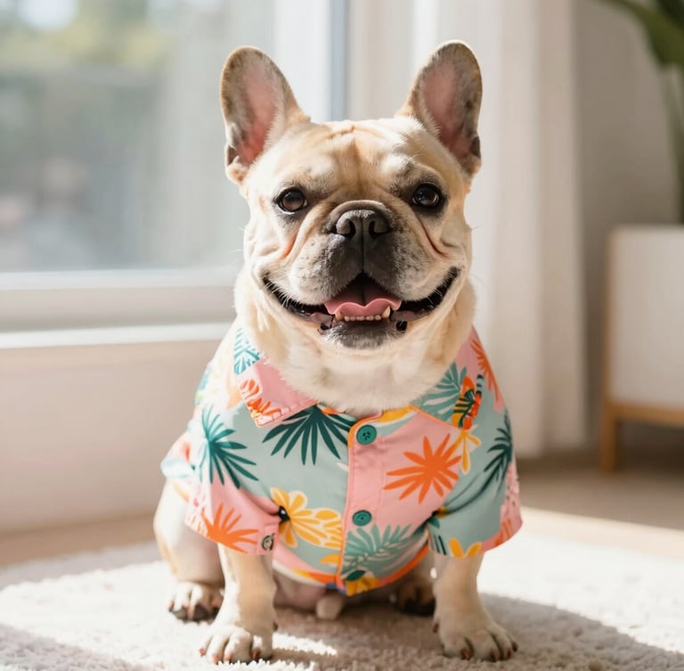 Bright joyful pet photography, a happy French Bulldog wearing a colorful tropical shirt sitting in a sunlit room, warm natural daylight, 35mm lens