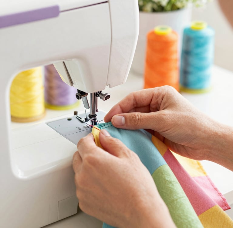 Close-up of hands carefully stitching a colorful fabric with a sewing machine in a bright, sunlit family workshop, vibrant spools of thread in the background, warm editorial style
