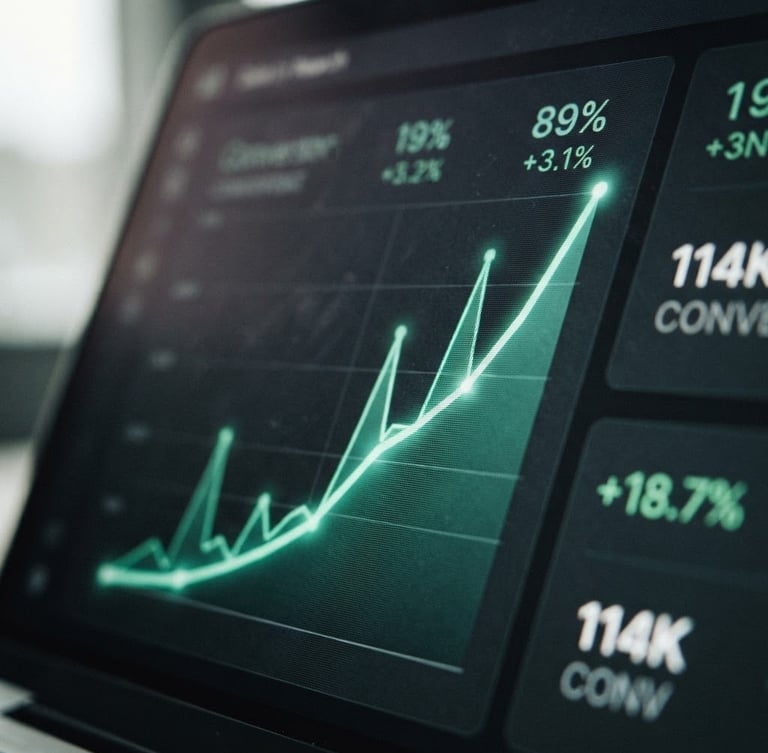 Tight macro shot of a digital dashboard showing upward-trending conversion metrics on a screen, moody overcast daylight, high-contrast desaturated tones with deep green accents, 35mm film