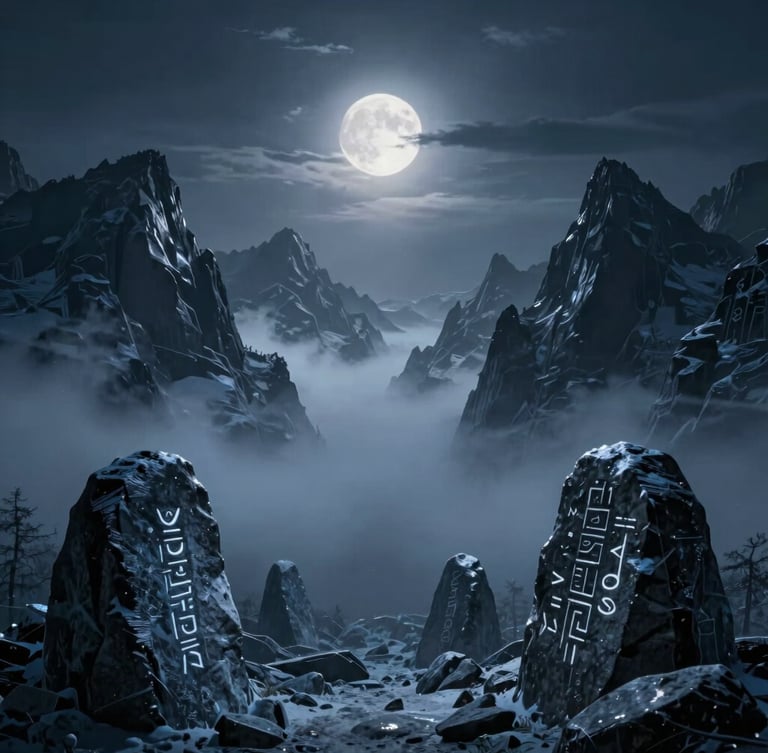 Wide panoramic frozen mountain range, jagged peaks shrouded in mist, subtle glowing runes on ancient stone, low-key moonlight, dark cinematic fantasy photography