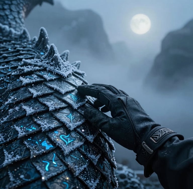 Close-up, low-angle shot of a Rider's gloved hand gently touching the frost-rimed scales of an Icerider dragon. Misty, cold blue light, subtle glowing runes on the scales. Focus on texture and ancient connection.