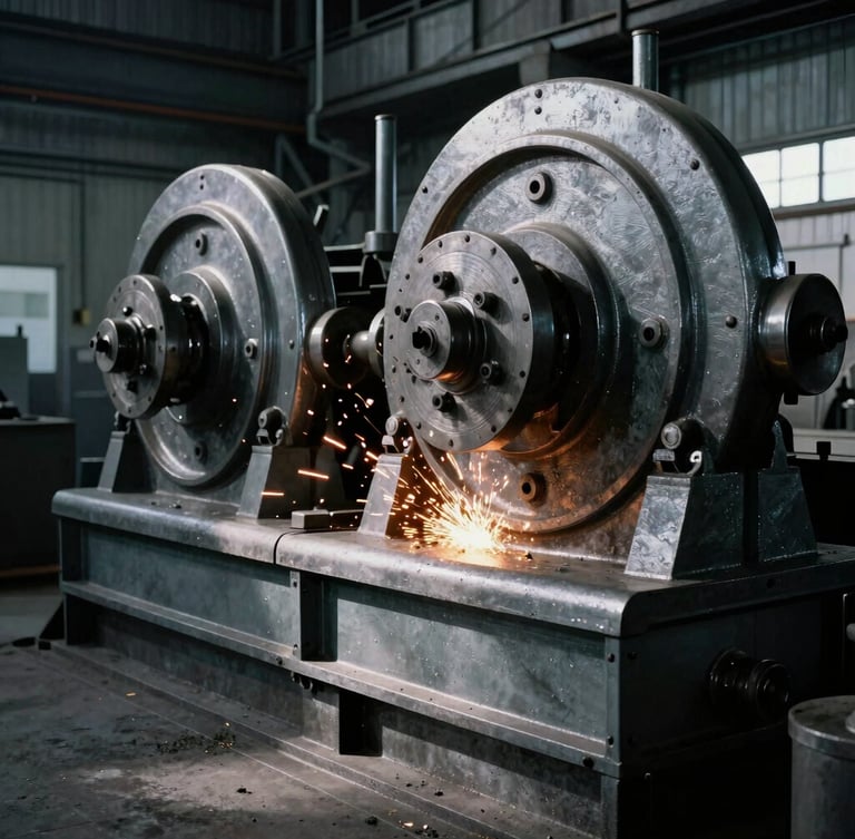 Vintage heavy industrial machinery in operation, dramatic shadows, cool metallic grays with warm sparks, sharp historical factory atmosphere, 35mm