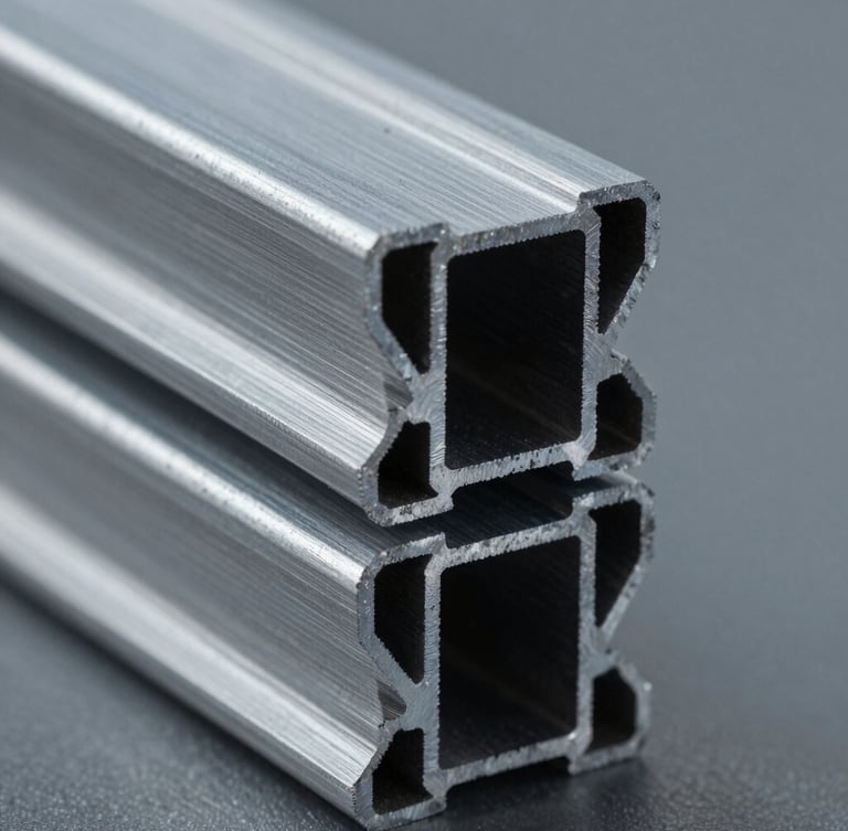 Macro close-up of raw extruded aluminum profiles showing clean cross-sections with geometric shapes, sharp industrial lighting, cool metallic tones, 35mm