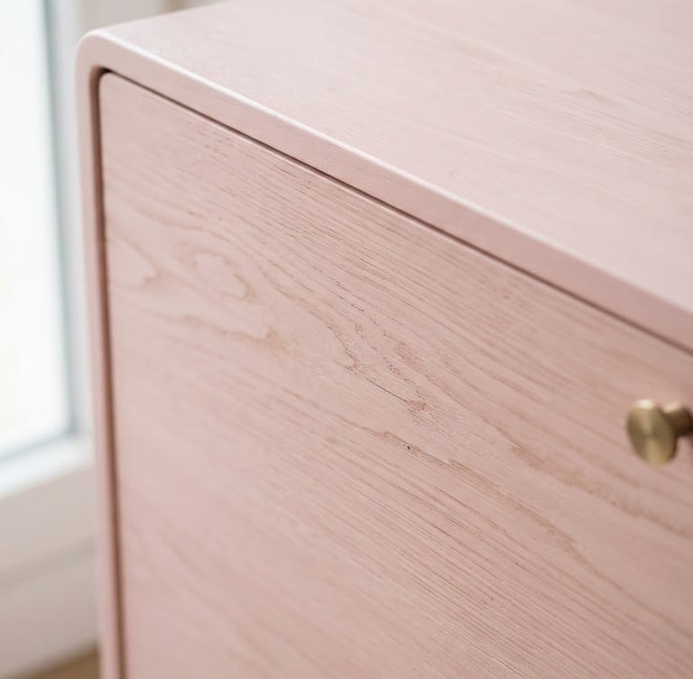 Close-up detail of smooth pastel pink wood grain on a furniture piece, soft morning daylight, clean composition.