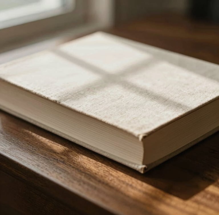 Close-up of a beautifully bound linen book resting on a dark oak desk, soft natural window light casting gentle shadows, warm editorial photography style, 35mm