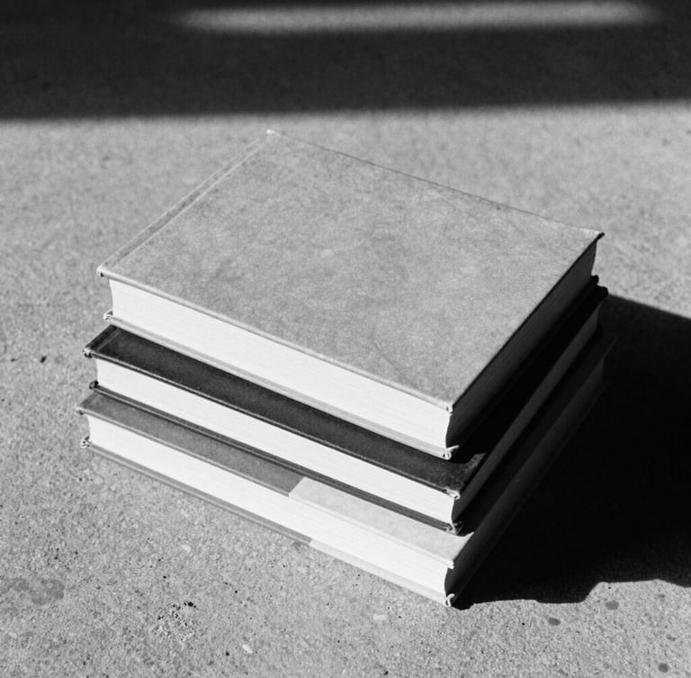 Stark monochrome photograph of multiple books stacked on a raw concrete surface, harsh side shadows, grainy film texture.