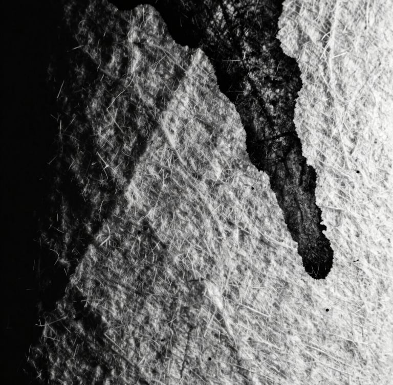 Extreme close-up of textured heavy cotton paper with dark black ink bleeding into the fibers, high-contrast side lighting, deep shadows, grainy 35mm film texture