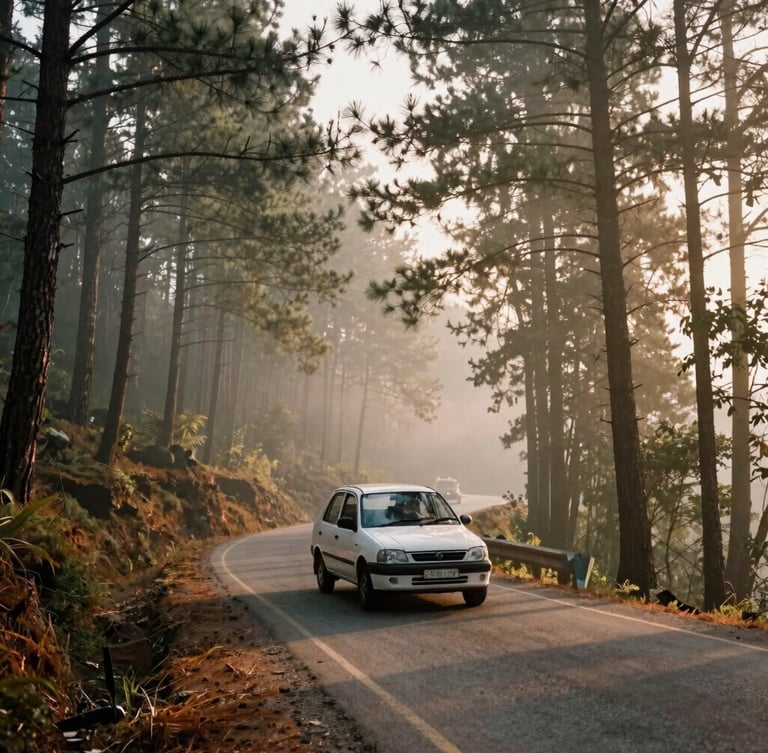 A white passenger cab driving along a winding, tree-lined mountain road in Netarhat, misty morning light filtering through tall pine trees, 35mm photography