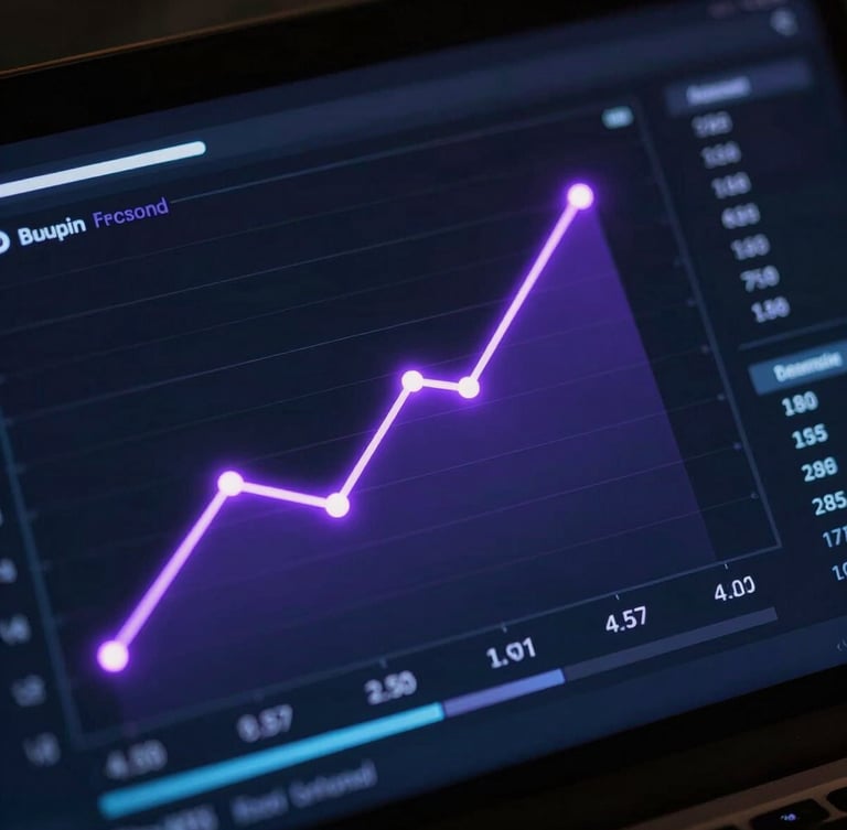 Macro close-up of a dark cybernetic UI dashboard showing upward-trending conversion charts, glowing neon violet data nodes, high-contrast shadows
