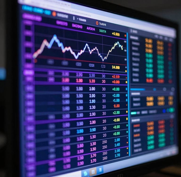 Macro close-up of a high-frequency trading terminal screen, displaying real-time data charts and conversion metrics, glowing neon violet and cyber blue backlighting, deep shadows.