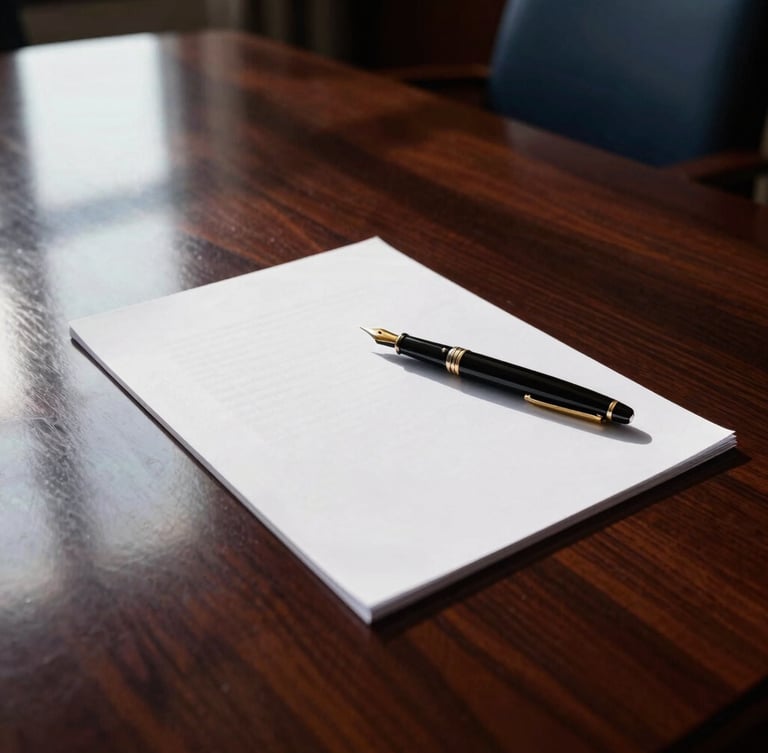 Polished mahogany boardroom table reflecting sharp window light, with a fountain pen resting on a crisp, heavy paper document, high contrast editorial style.