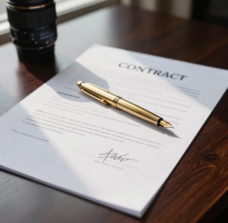 Sharp close-up of a signed infrastructure contract on a dark mahogany desk, a gold fountain pen resting on heavy paper stock, directional window light.