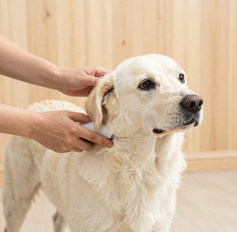 Eye-level medium shot of hands gently brushing a relaxed dog's clean coat. Natural wood background, soft focus, bright natural daylight, warm cream tones.